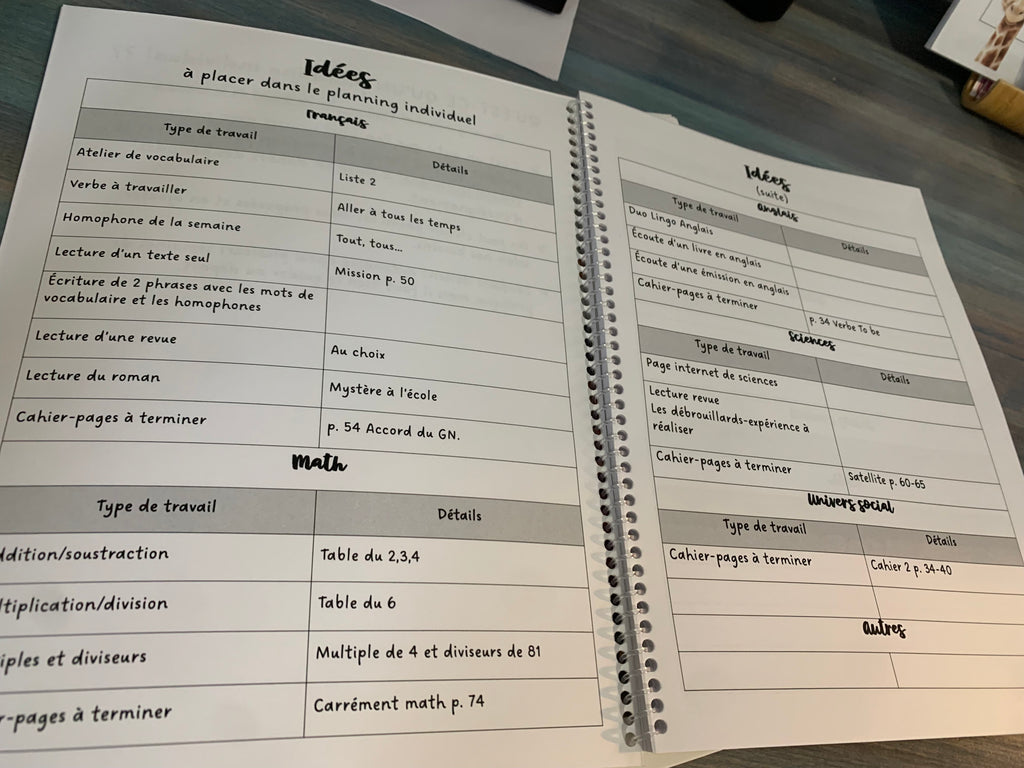 Planning individuel pour les enfants