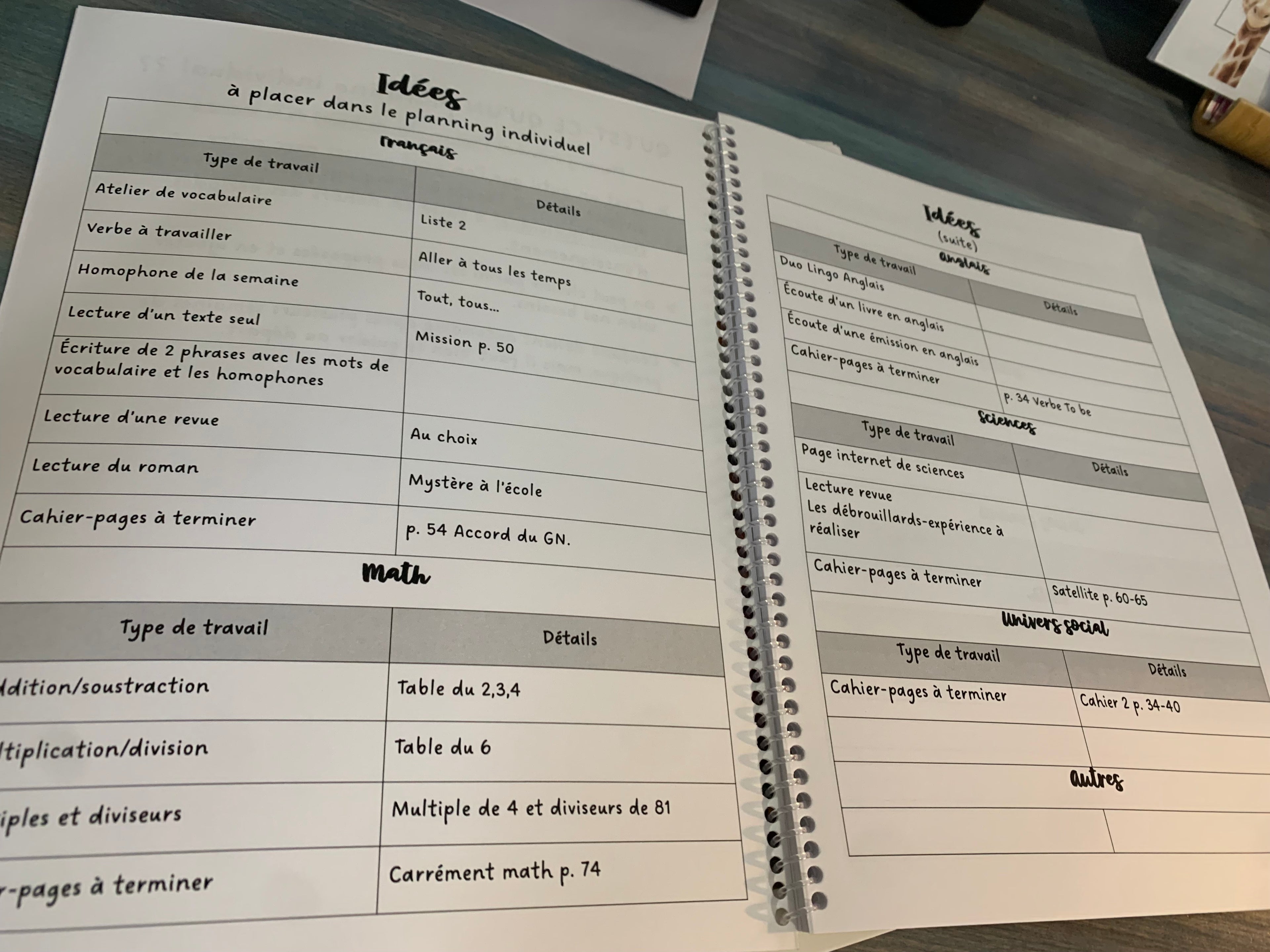 Planning individuel pour les enfants