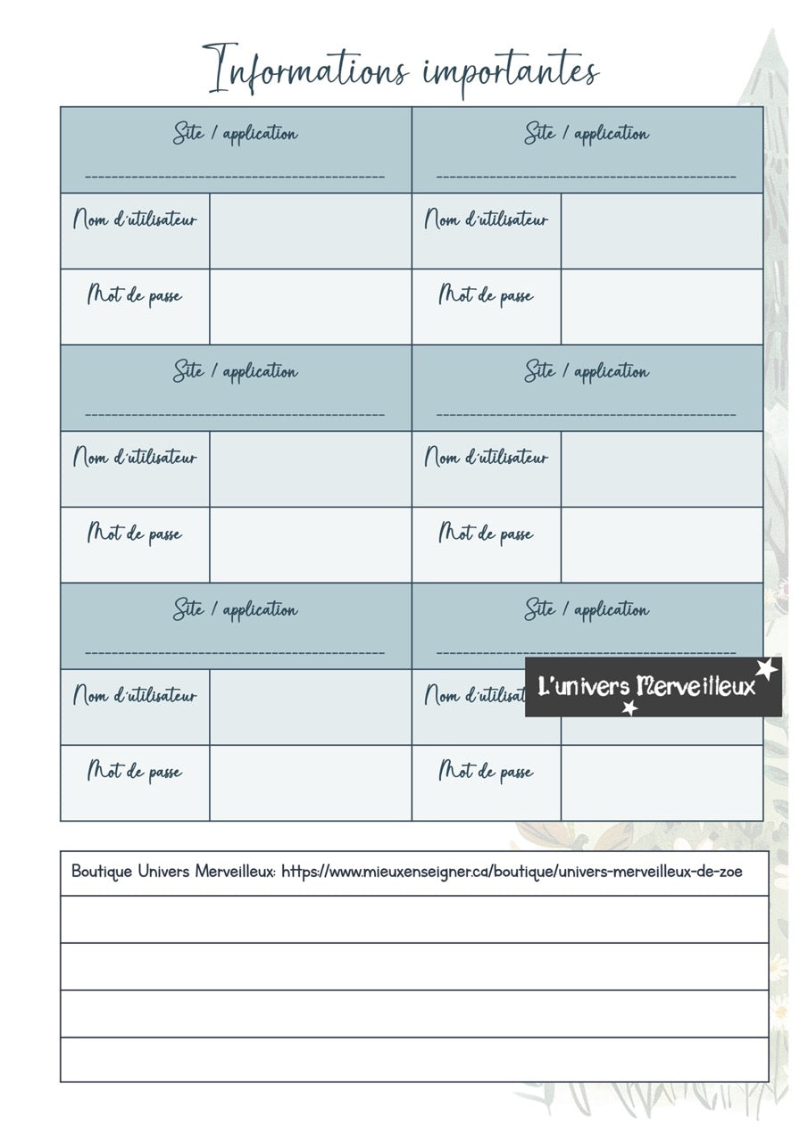 Planificateur en version PDF à imprimer à la maison
